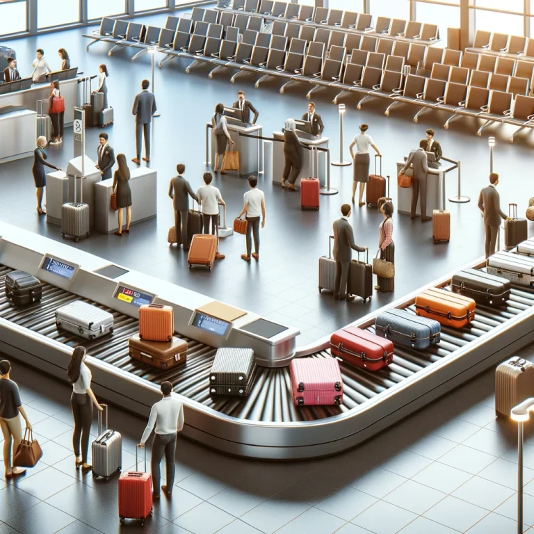 Viajantes despachando suas malas em uma área movimentada de check-in de bagagens em um aeroporto moderno, com funcionários da companhia aérea auxiliando."