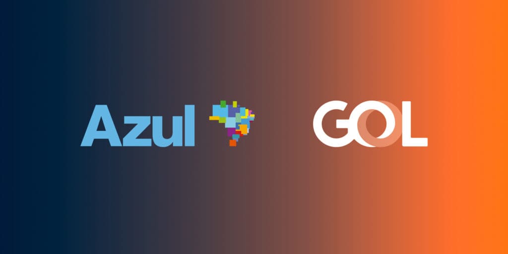 Imagem do logotipo da Azul e da GOL, lado a lado, em um fundo azul e laranja.